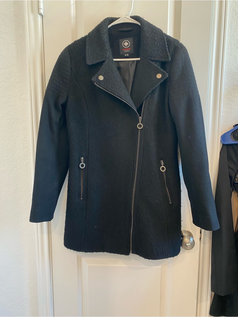 Cole Haan Black Wool-Blend Asymmetrical Zip Pea Coat with Faux Shearling Collar